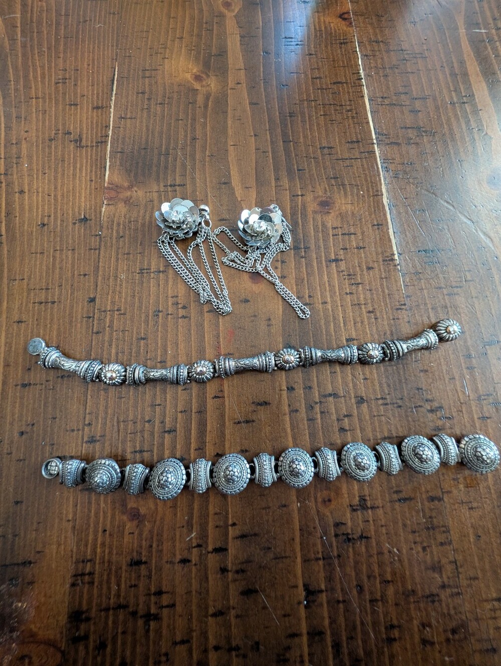 Silver-Tone Floral Drop Earrings and Statement Bracelets Set